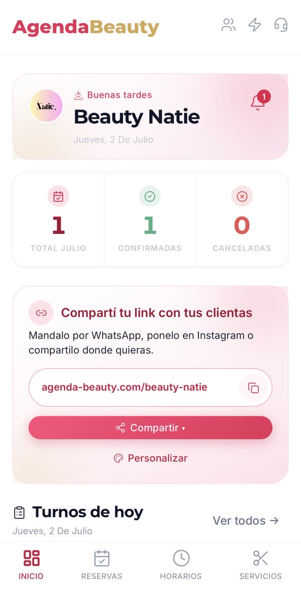 Panel de control de AgendaBeauty con citas del día y link del salón